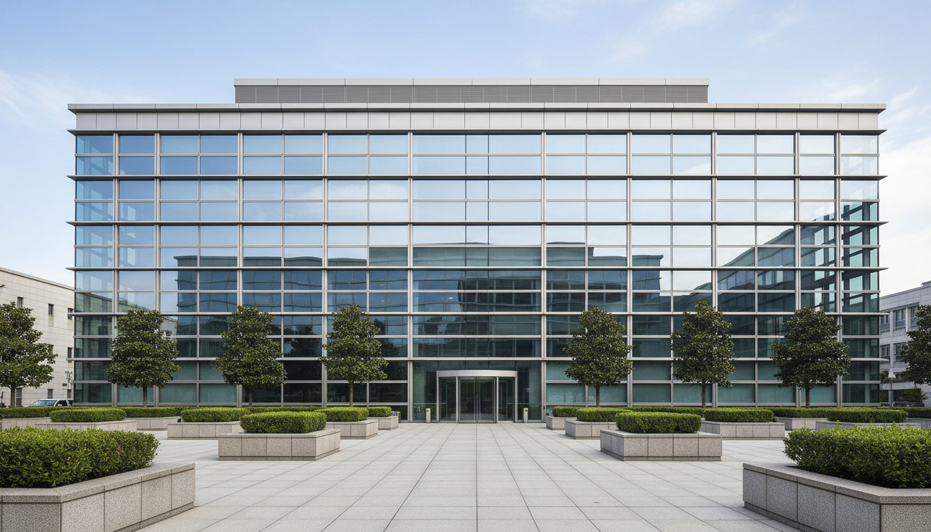 A sleek, glass-walled modern office building with perfectly aligned geometric lines and a brushed aluminum finish, standing amidst a manicured urban plaza featuring stone planters and trimmed shrubbery. Neutral grey and taupe tones dominate the architecture, reinforcing a sense of professionalism and sophistication. Bright, natural daylight filters through the building’s facade, casting subtle reflections on polished surfaces and creating crisp, gentle shadows around the entrance. The atmosphere is calm and authoritative, evoking trust and stability. Captured at an eye-level angle with a wide, centered composition, ensuring the structure’s balanced proportions are emphasized. The image is rendered in photographic realism, with a clean corporate aesthetic perfectly tailored for representing a serious business environment in the real estate and finance sector.