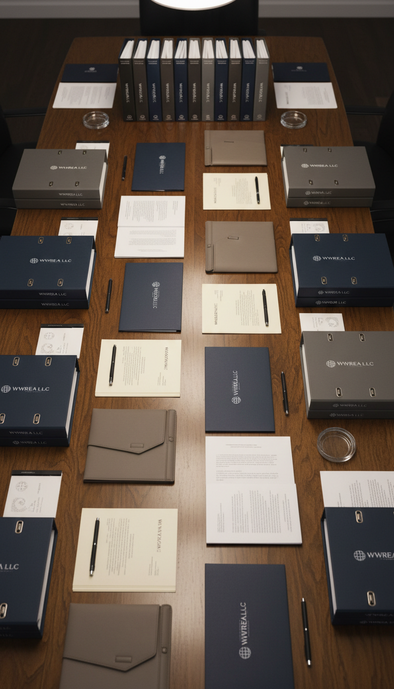An organized spread of sleek, matte-finish binders and contracts embossed with the World Wide Real Estate Association LLC logo, arranged on a broad, smooth oak boardroom table. Subtle metallic accents and neutral-toned stationery create a harmonious, orderly workspace. Diffused soft light from overhead fixtures eliminates harsh shadows, highlighting the clean lines and structured layout. The mood is focused and professional, projecting reliability and precision. Shot from a slightly elevated angle, the composition leverages balanced symmetry and sharp focus throughout. Designed in photographic realism, the image’s corporate clarity and minimal clutter convey the integrity and diligence associated with private equity and real estate investments.
