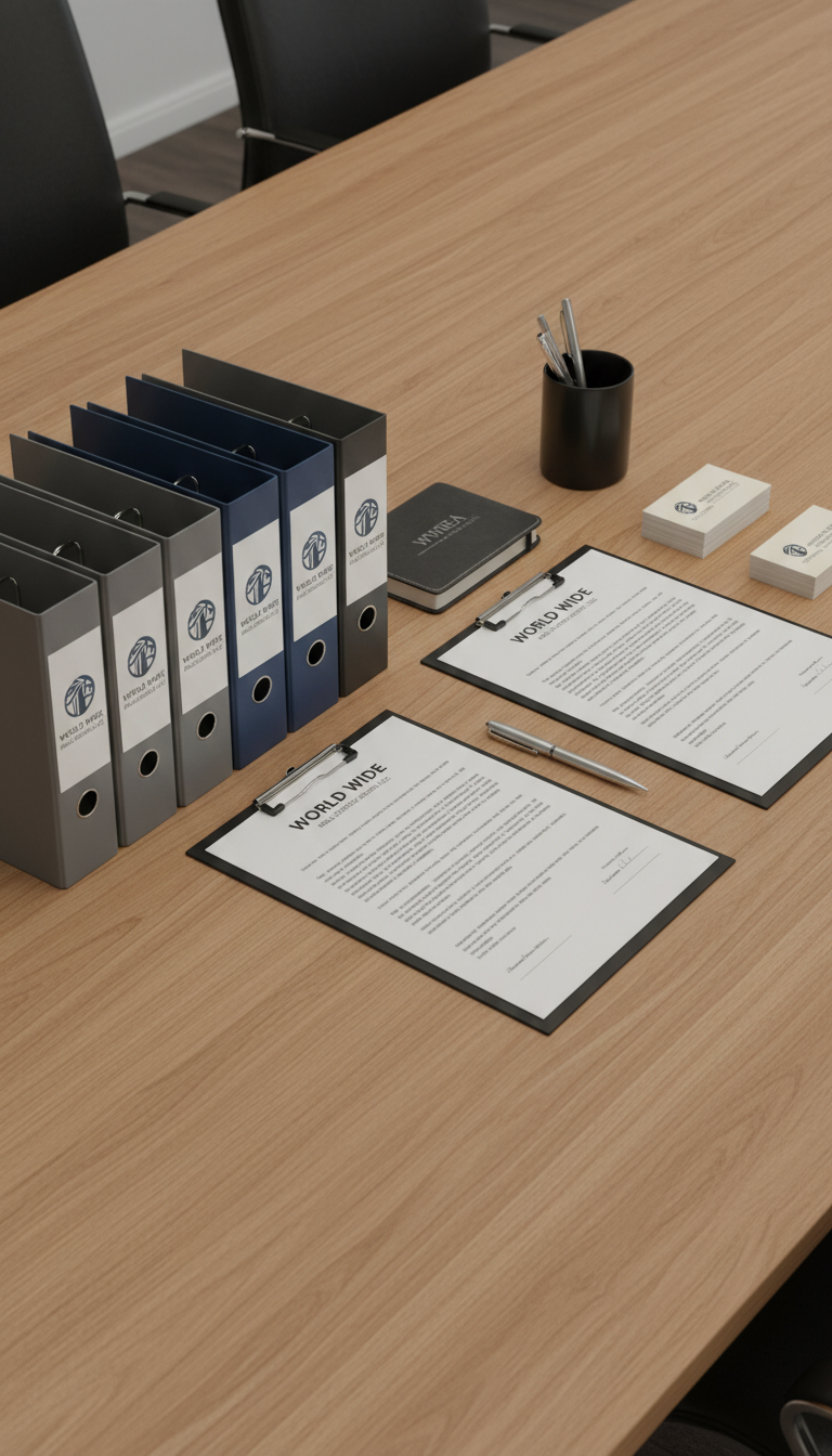 An organized spread of sleek, matte-finish binders and contracts embossed with the World Wide Real Estate Association LLC logo, arranged on a broad, smooth oak boardroom table. Subtle metallic accents and neutral-toned stationery create a harmonious, orderly workspace. Diffused soft light from overhead fixtures eliminates harsh shadows, highlighting the clean lines and structured layout. The mood is focused and professional, projecting reliability and precision. Shot from a slightly elevated angle, the composition leverages balanced symmetry and sharp focus throughout. Designed in photographic realism, the image’s corporate clarity and minimal clutter convey the integrity and diligence associated with private equity and real estate investments.