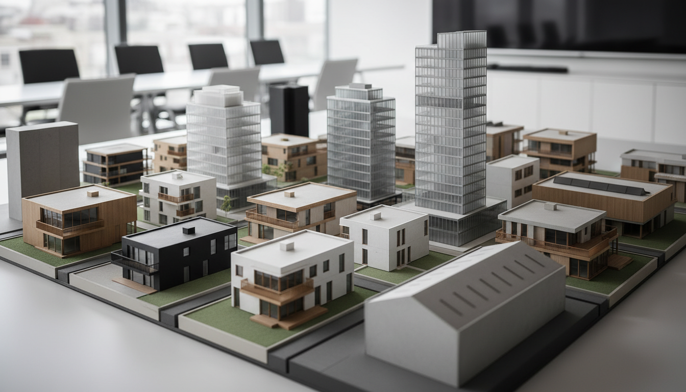 A clean, structured grid of architectural scale models in brushed concrete, glass, and wood—representing residential, commercial, and industrial properties—arranged on a pristine, light-grey display table in a well-lit meeting room. Neutral colors and precise details of the models emphasize modern design and opportunity. Soft studio lighting evenly illuminates each miniature structure, creating subtle highlights that accentuate sharp edges and clear lines without overpowering glare. The atmosphere is forward-thinking and meticulous, suggesting growth and careful planning. Photographed at a slight angle with the models receding into the background, the composition guides the eye naturally across the variety of investments. The corporate, photographic realism style aligns with the site’s professional focus.