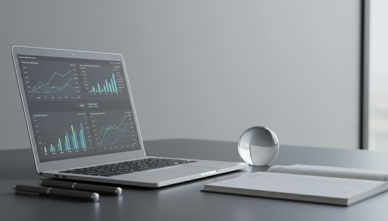 A contemporary desktop setup featuring a brushed steel laptop open to a detailed financial dashboard, accompanied by a crystal-clear glass paperweight, graphite pens, and a structured notepad on a smooth charcoal desk surface. Minimalist elements in neutral tones and precise arrangement communicate corporate efficiency and cleanliness. Gentle, indirect daylight from a nearby window creates soft highlights on the laptop’s surface and gentle shadows against the desk’s organized accessories. The mood exudes clarity, professionalism, and trustworthiness. Captured from a side angle with neat foreground-background layering, the composition leverages shallow depth of field to emphasize key objects while maintaining a clean backdrop. The photographic realism and modern aesthetic reinforce the brand’s value in transparent, organized financial management.